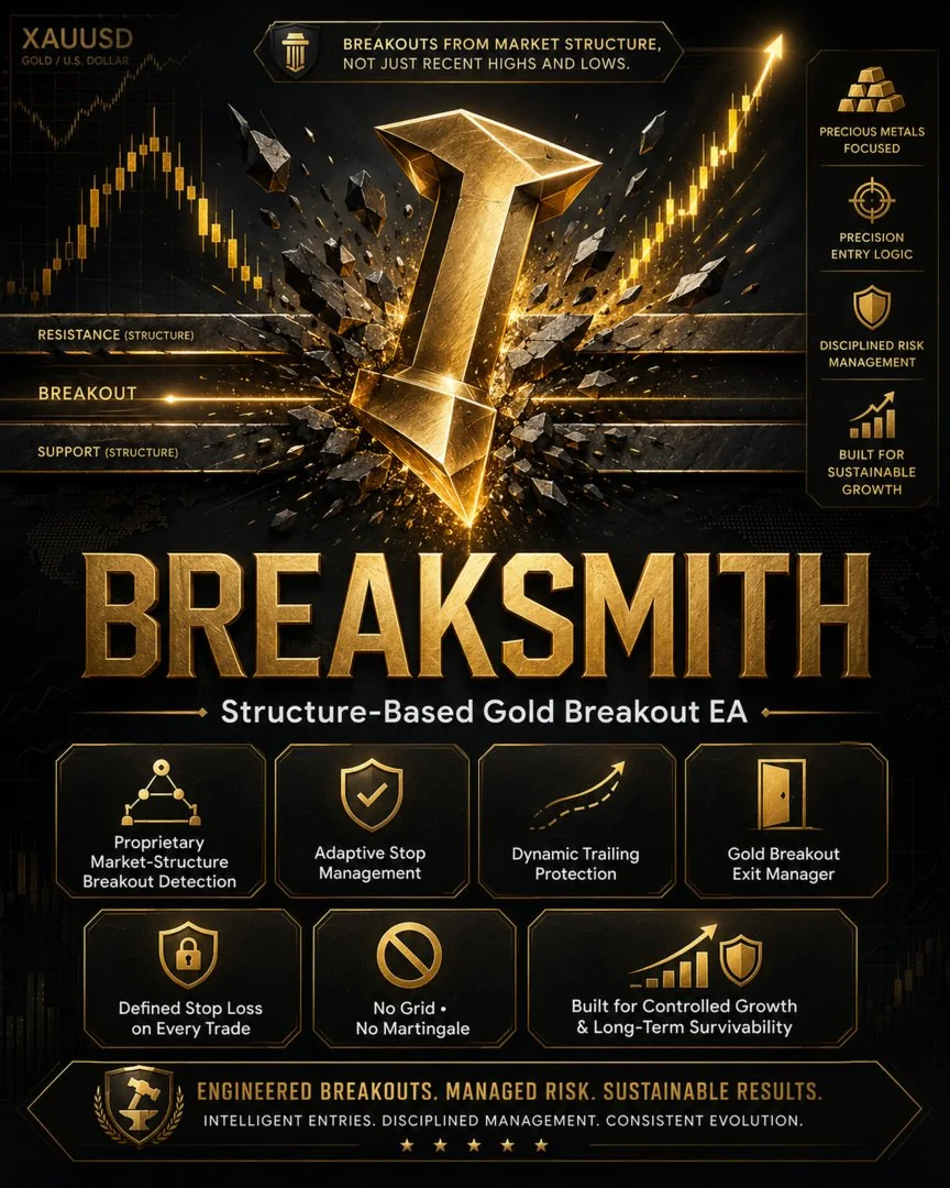 Breaksmith structure-based gold breakout Expert Advisor overview showing market-structure detection, adaptive stops, trailing protection and defined risk